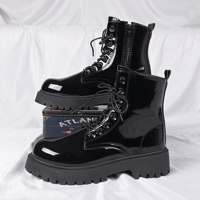 Sewing Zipper - Combat Ankle Boots、Patent Leather Boots、Glossy Shiny