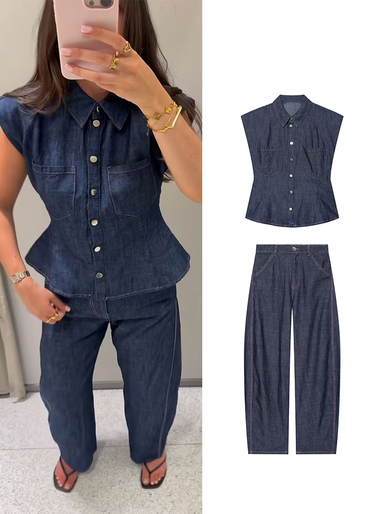 TFMLN Women Denim Pant Set Chi - Shoulder Pad Set In ulasan dan harga