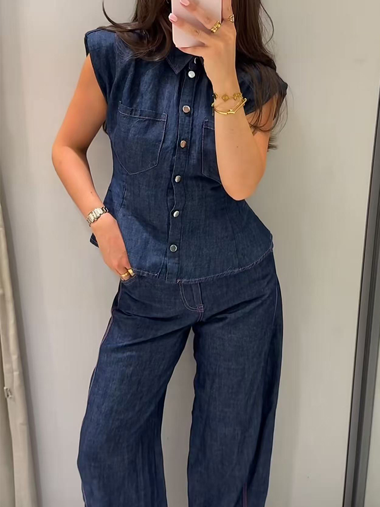 TFMLN Women Denim Pant Set Chi - Shoulder Pad Set In ulasan dan harga